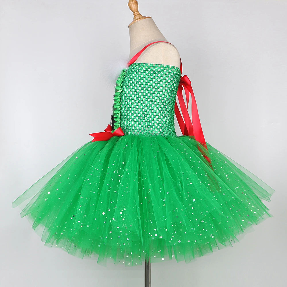 Sparkly Christmas Elf Tutu Dress for Girls Santa Claus Costume