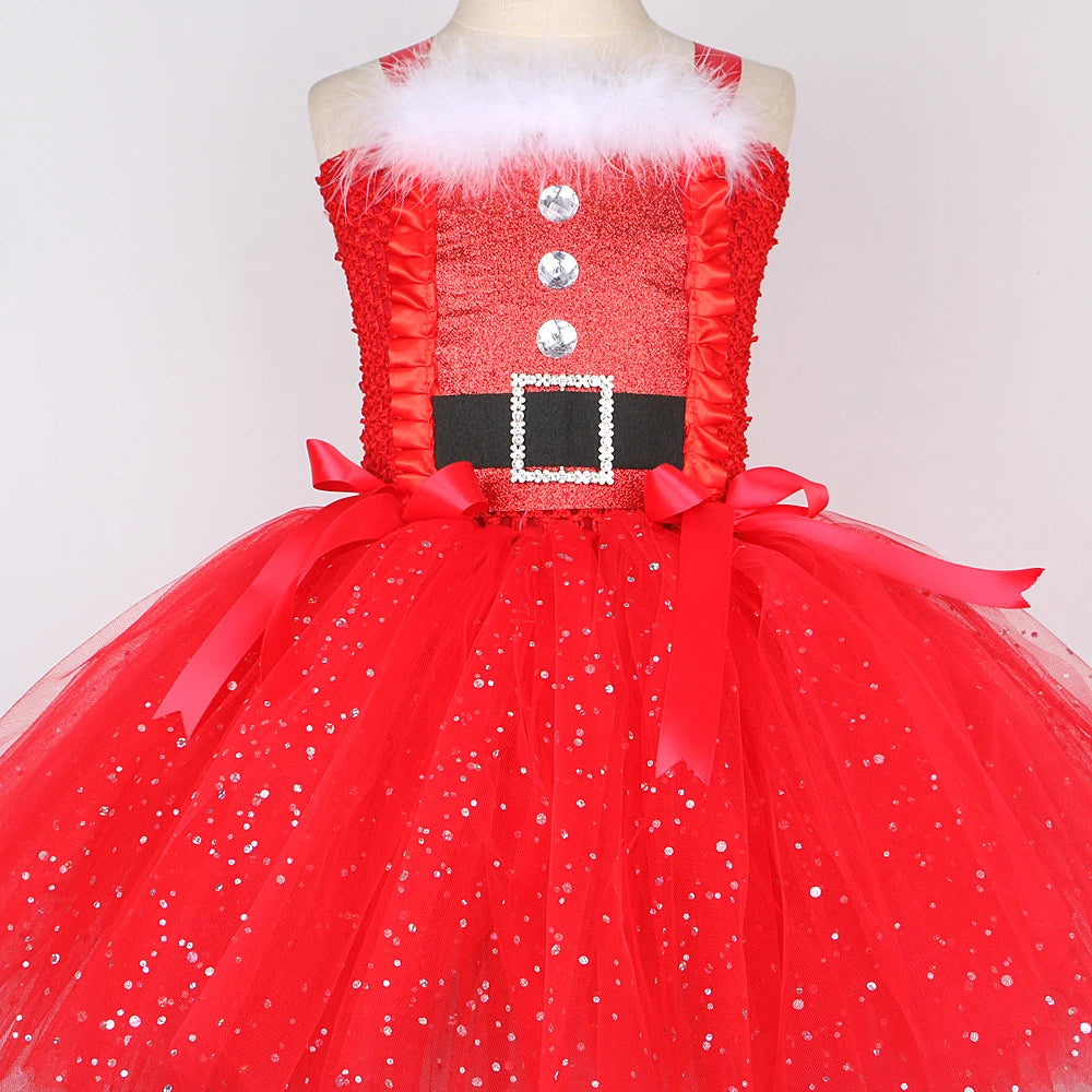 Sparkly Christmas Elf Tutu Dress for Girls Santa Claus Costume