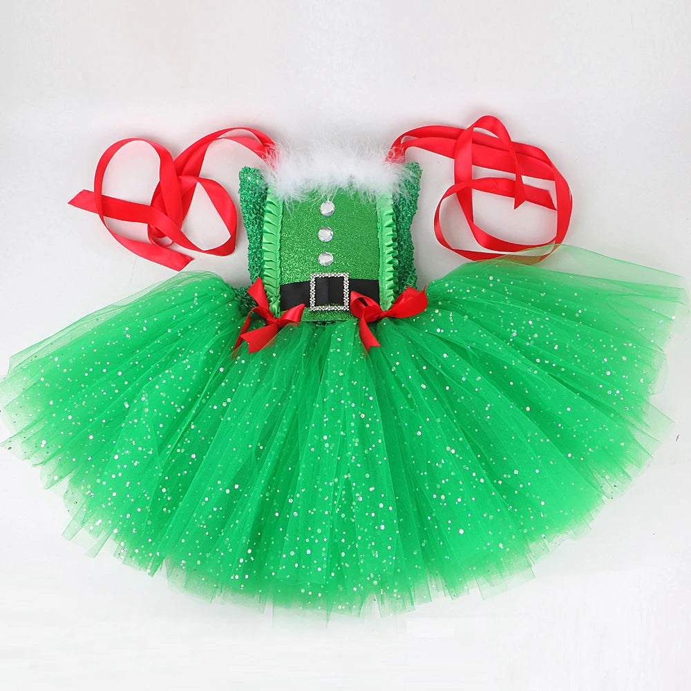 Sparkly Christmas Elf Tutu Dress for Girls Santa Claus Costume