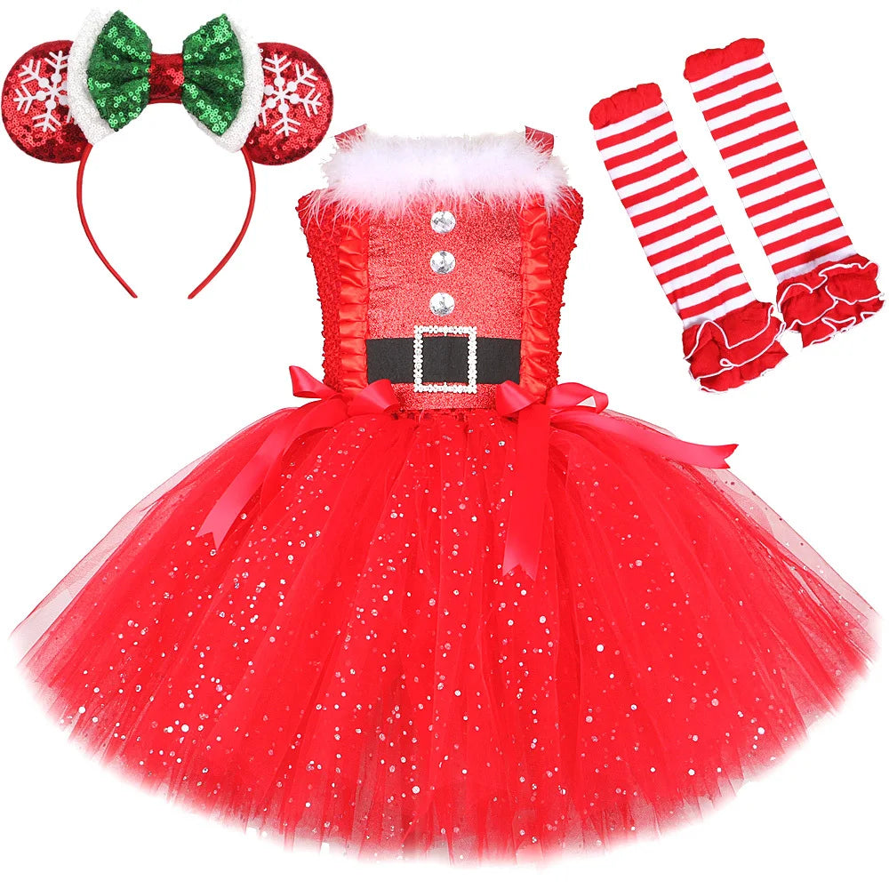 Sparkly Christmas Elf Tutu Dress for Girls Santa Claus Costume