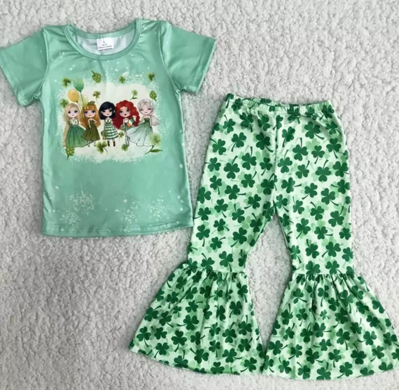 Fashion St. Patrick's Day Toddler Kid Peace Love Outfit Baby Girl Green Ruffle Clothes Bells Clover Pants Wholesale Children Set