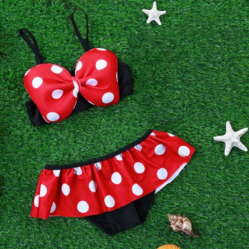 Baby Girl Bowknot Halter Swimsuit High Waist Top Short Skirt Two-Pieces Set Toddler White Polka Dot Girls Bathing Suit