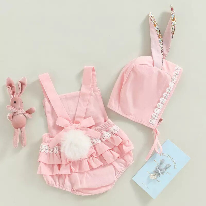 Easter Days Baby Girls Boys Romper 2pcs Cartoon Rabbit Floral Printed Sleeveless Bunny Ear Jumpsuit