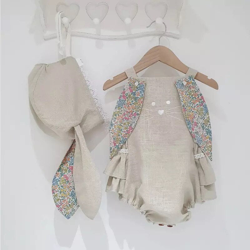 Easter Days Baby Girls Boys Romper 2pcs Cartoon Rabbit Floral Printed Sleeveless Bunny Ear Jumpsuit