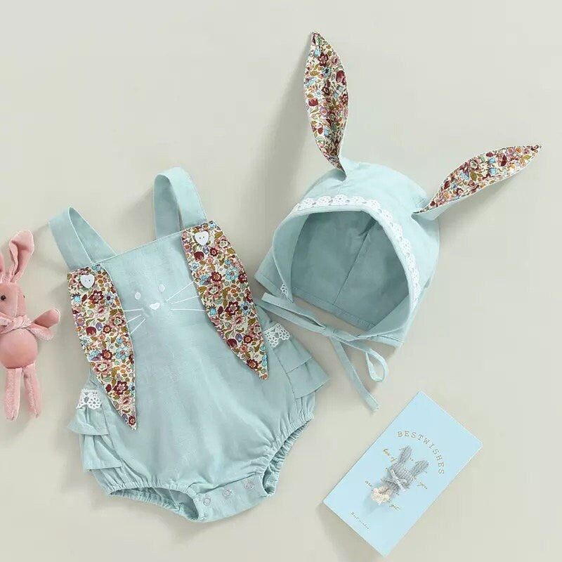 Easter Days Baby Girls Boys Romper 2pcs Cartoon Rabbit Floral Printed Sleeveless Bunny Ear Jumpsuit