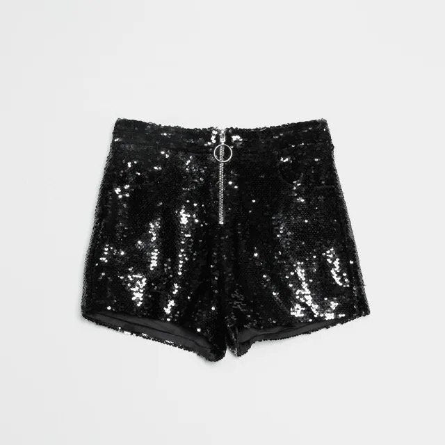 Bling Sexy Women Sequin Shorts High Waist O-Ring Zip Bodycon Short