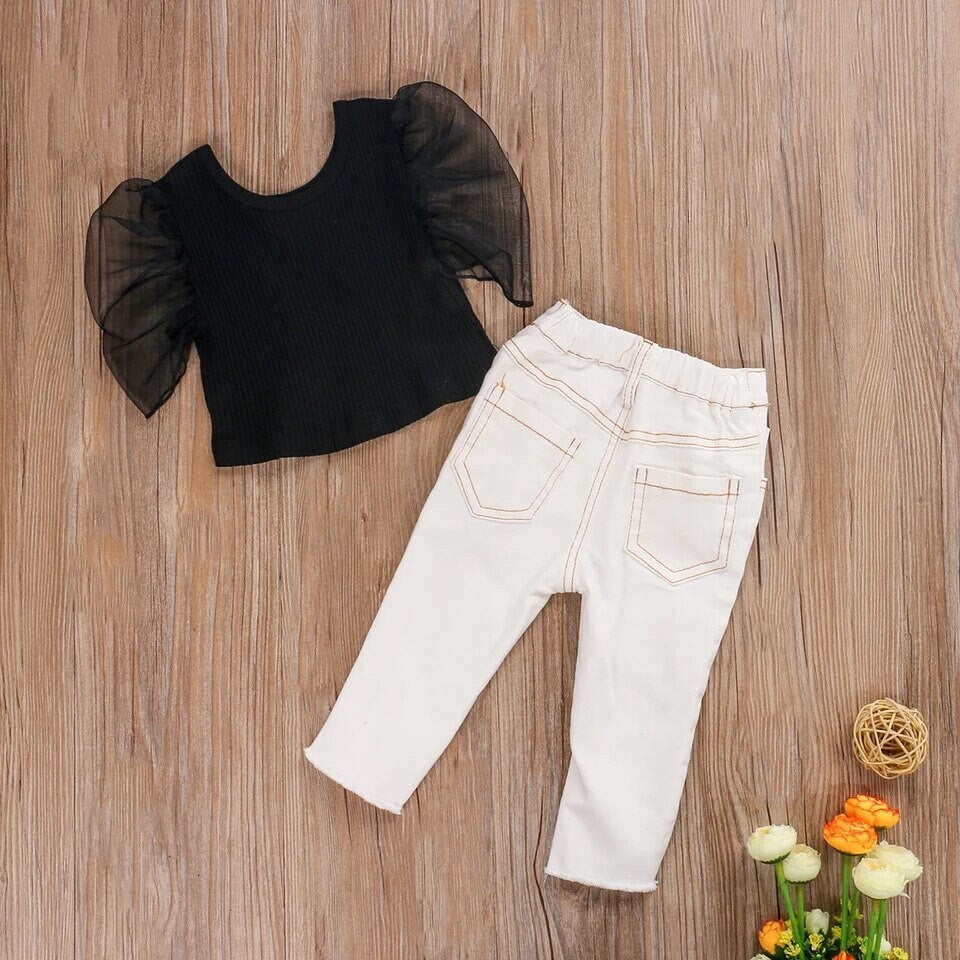 Kids Girls Summer Clothes Sets Baby Mesh Puff Short Sleeve Tops + Pearls Ripped Denim Pants Children Fashion Outfits