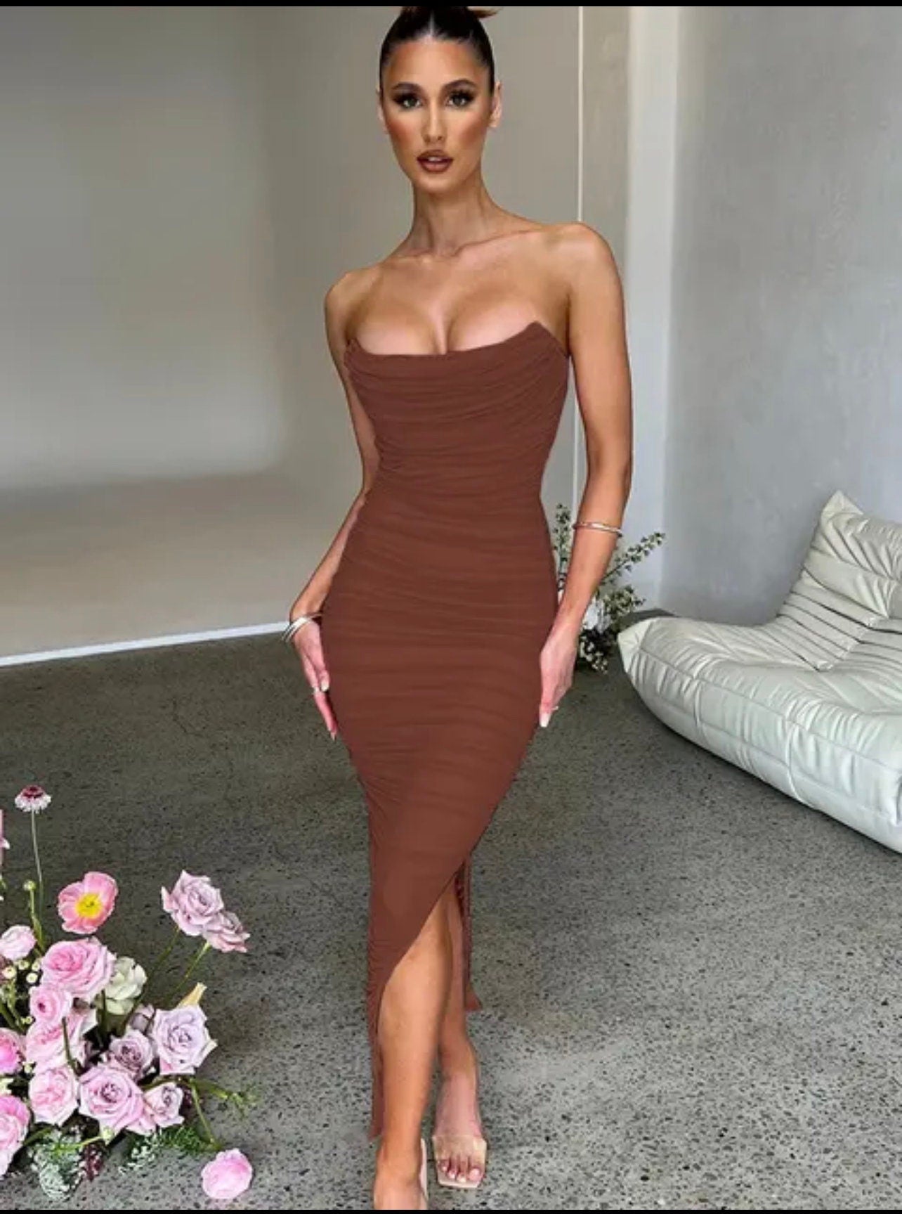 Bodycon Maxi Dress for Women 2023 Mesh Sexy Robe Strapless Backless Sleeveless Split Club Party Pink Evening Dress Long