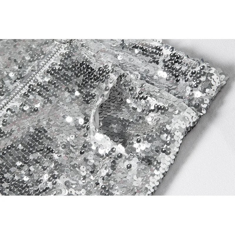 Bling Sexy Women Sequin Shorts High Waist O-Ring Zip Bodycon Short