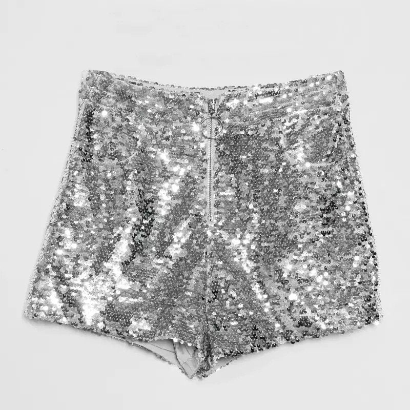 Bling Sexy Women Sequin Shorts High Waist O-Ring Zip Bodycon Short