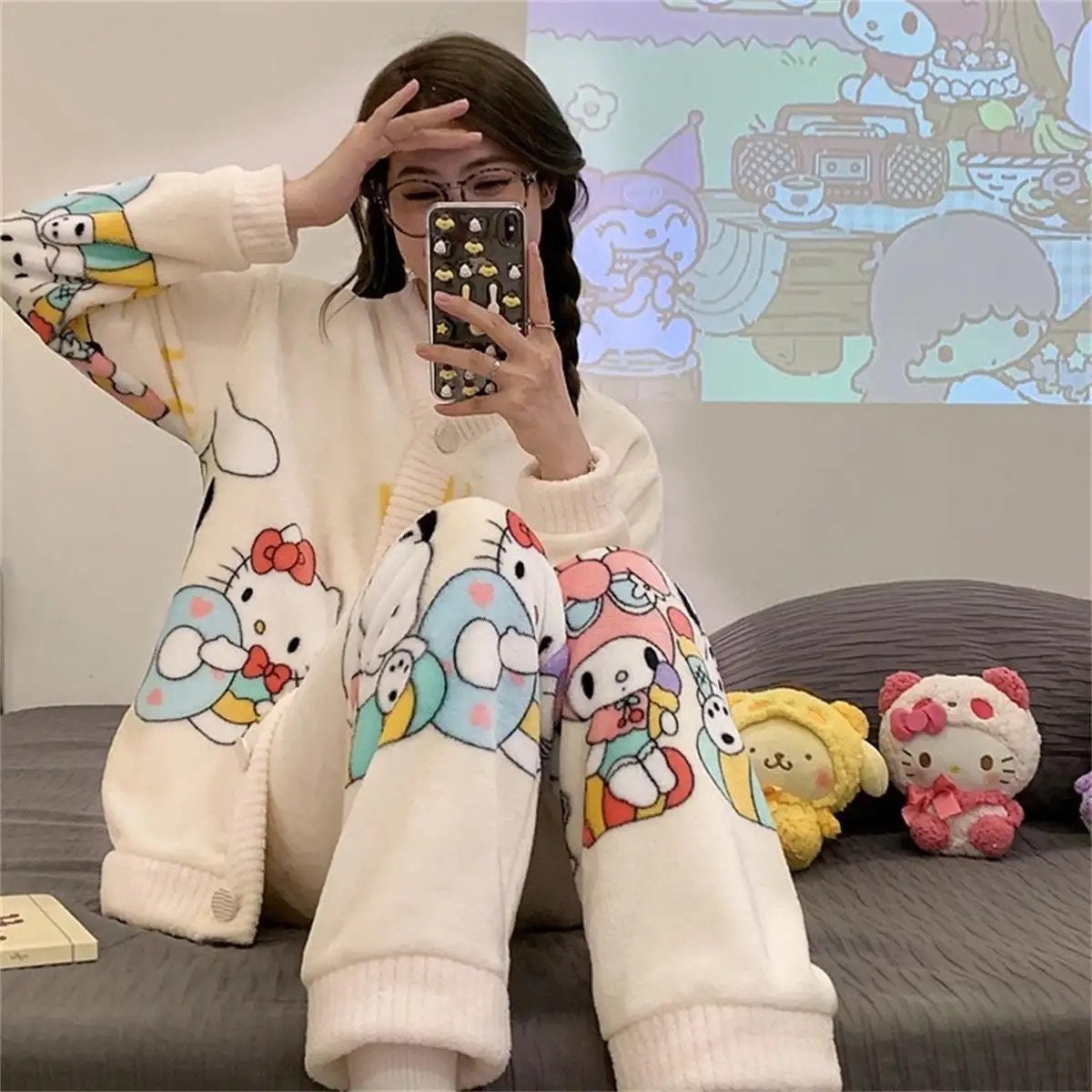 Cinnamoroll Pajamas Sets Winter Flannel Thickening Women Sleepwear Anime Cute Casual