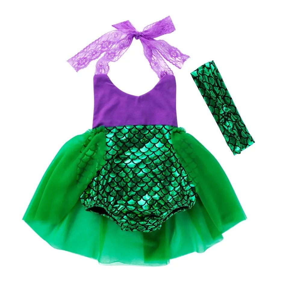 Newest Rompers Baby Girls Mermaid Dress Princess Cotton Clothes Lace Halloween Costume with Headbands
