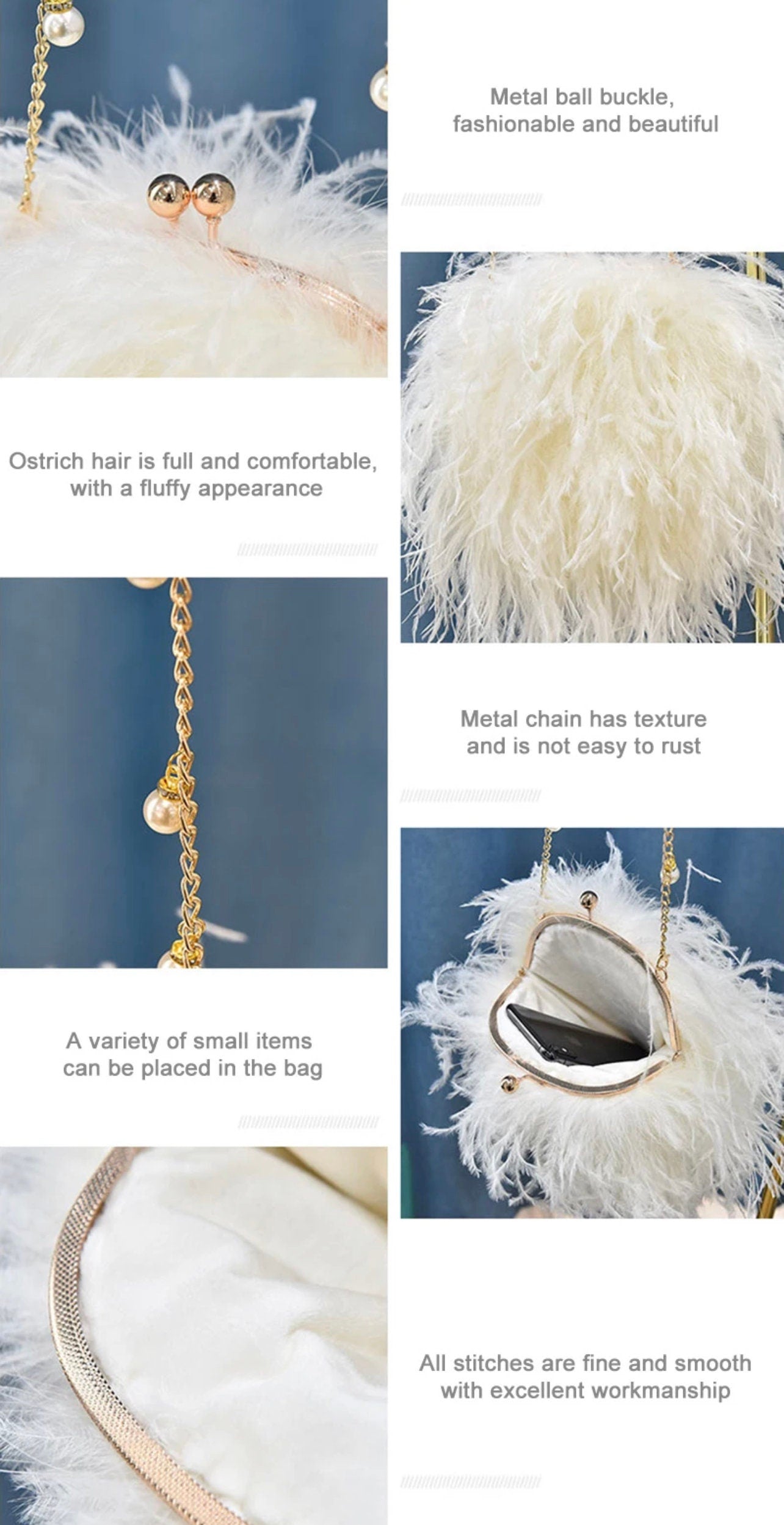 Luxury Women Ostrich Feather Evening Bags Female Party Wedding Dress Shoulder Clutch Fairy Pearl Chain Handbag Purses