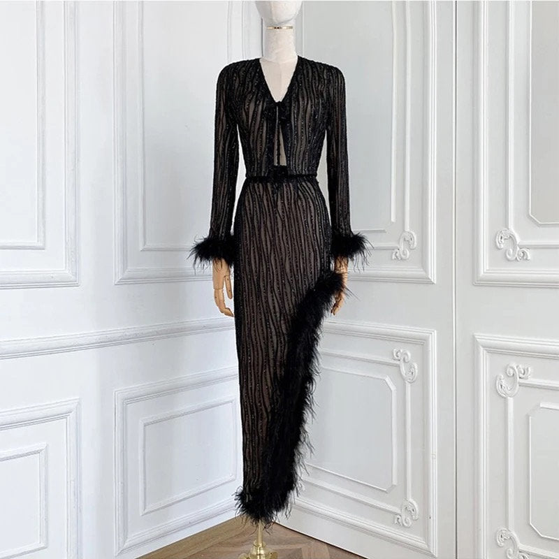 Elegant Luxury Ostrich Feather V-neck Silk Top High Waist Slim Skirt Suit Translucent Cardigan Top Irregular Hem Skirt Set