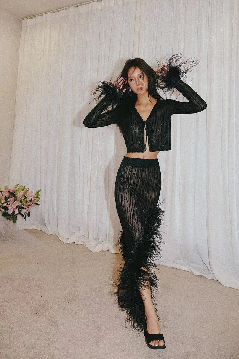 Elegant Luxury Ostrich Feather V-neck Silk Top High Waist Slim Skirt Suit Translucent Cardigan Top Irregular Hem Skirt Set