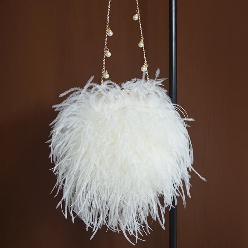 Luxury Women Ostrich Feather Evening Bags Female Party Wedding Dress Shoulder Clutch Fairy Pearl Chain Handbag Purses