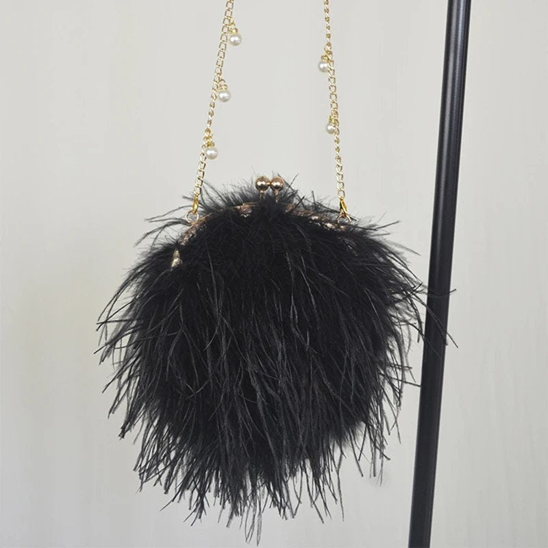 Luxury Women Ostrich Feather Evening Bags Female Party Wedding Dress Shoulder Clutch Fairy Pearl Chain Handbag Purses