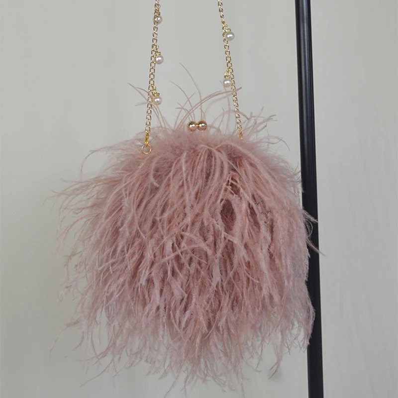 Luxury Women Ostrich Feather Evening Bags Female Party Wedding Dress Shoulder Clutch Fairy Pearl Chain Handbag Purses