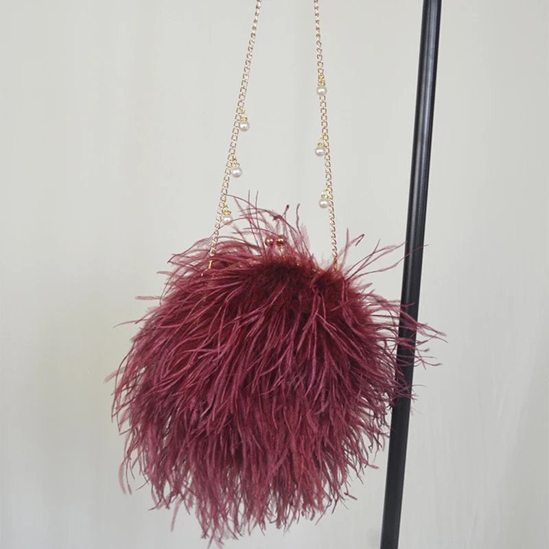 Luxury Women Ostrich Feather Evening Bags Female Party Wedding Dress Shoulder Clutch Fairy Pearl Chain Handbag Purses