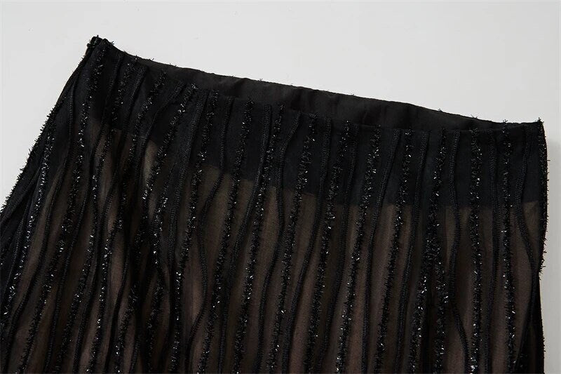Elegant Luxury Ostrich Feather V-neck Silk Top High Waist Slim Skirt Suit Translucent Cardigan Top Irregular Hem Skirt Set