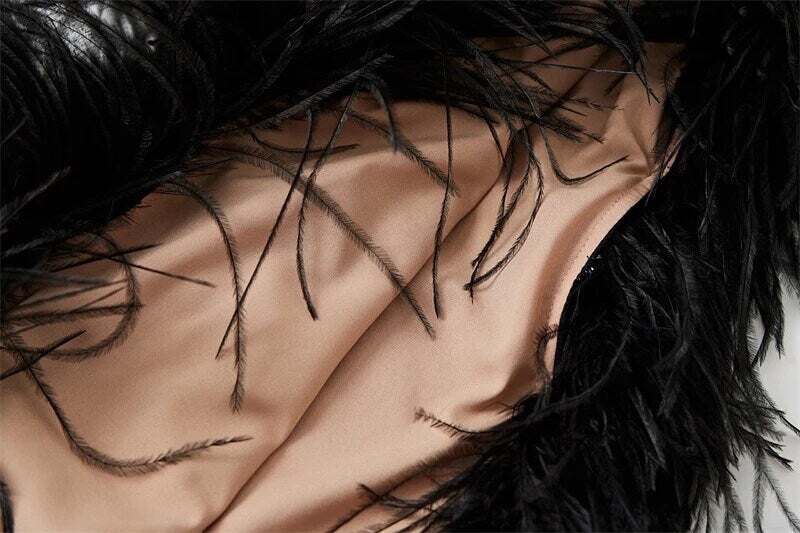 Elegant Luxury Ostrich Feather V-neck Silk Top High Waist Slim Skirt Suit Translucent Cardigan Top Irregular Hem Skirt Set