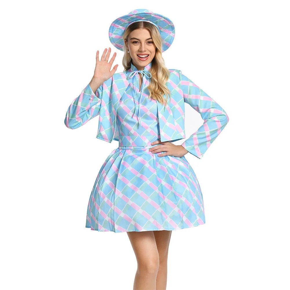 Cosplay Fantasia Cute Blue Plaid Hat Dress 2023