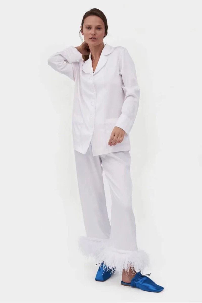 Long Sleeve Ostrich Feather Pajamas for Women, Factory Direct Luxury Pajama Set Fancy Party Wear