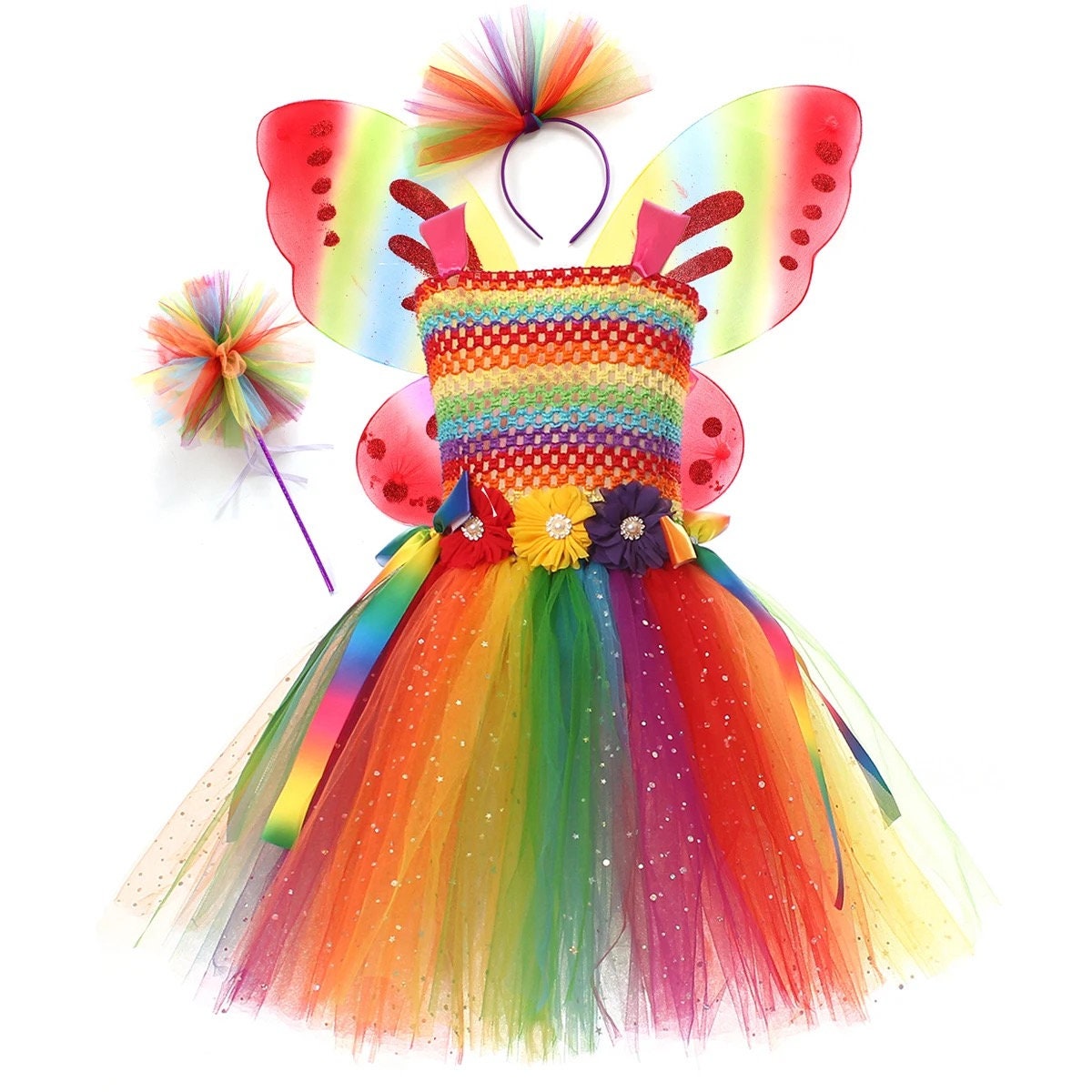Sparkly Rainbow Fairy Tutu Dress with Wings Wand for Girls Flower Birthday Party Halloween Costume Kids Princess Fancy Dresses
