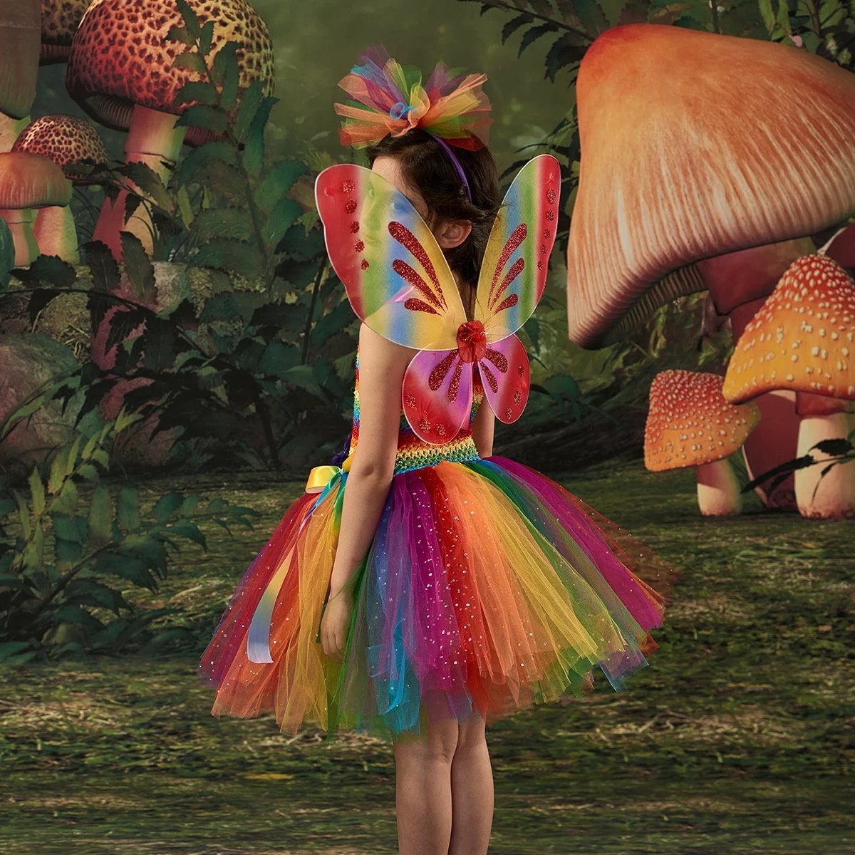 Sparkly Rainbow Fairy Tutu Dress with Wings Wand for Girls Flower Birthday Party Halloween Costume Kids Princess Fancy Dresses