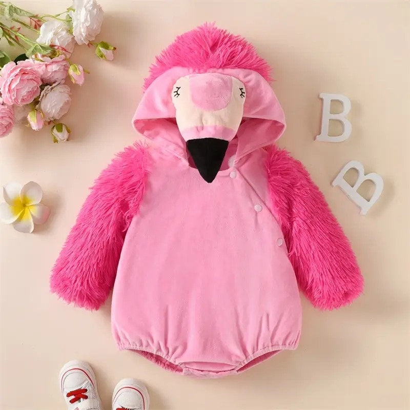 6M-3Y Newborn Baby Halloween Long Sleeve Rompers Flamingo Pattern Plush Hooded Infant Loose Fit Jumpsuits