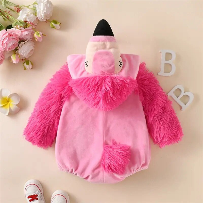 6M-3Y Newborn Baby Halloween Long Sleeve Rompers Flamingo Pattern Plush Hooded Infant Loose Fit Jumpsuits
