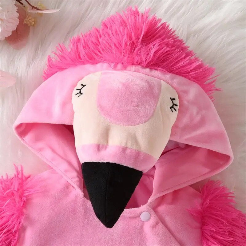6M-3Y Newborn Baby Halloween Long Sleeve Rompers Flamingo Pattern Plush Hooded Infant Loose Fit Jumpsuits