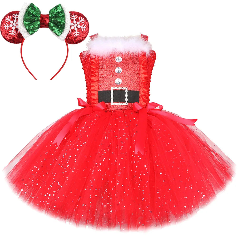 Sparkly Christmas Elf Tutu Dress for Girls Santa Claus Costume