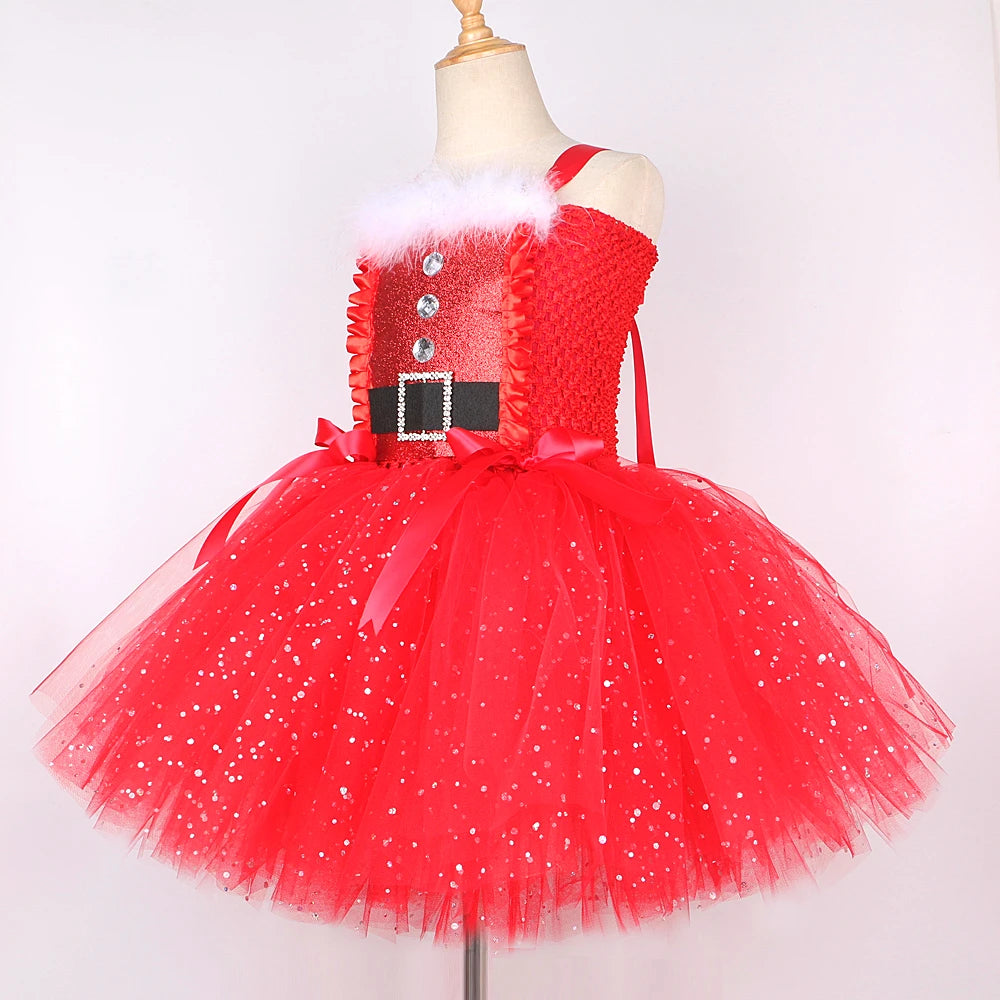 Sparkly Christmas Elf Tutu Dress for Girls Santa Claus Costume