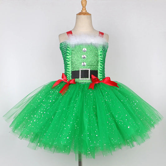 Sparkly Christmas Elf Tutu Dress for Girls Santa Claus Costume