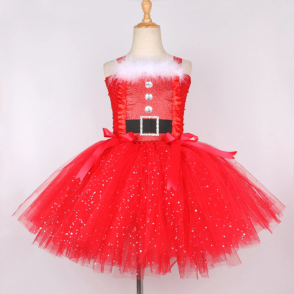 Sparkly Christmas Elf Tutu Dress for Girls Santa Claus Costume