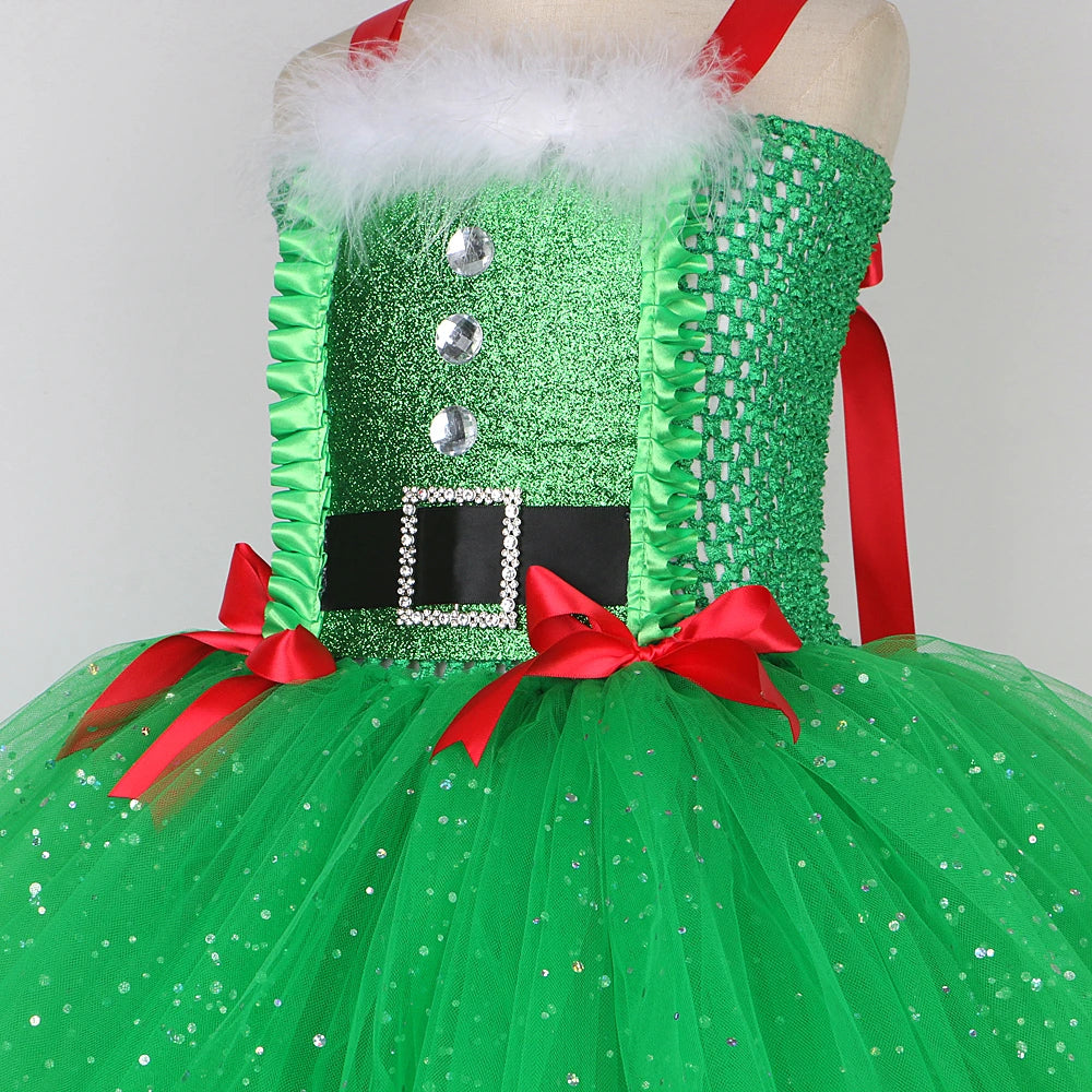 Sparkly Christmas Elf Tutu Dress for Girls Santa Claus Costume