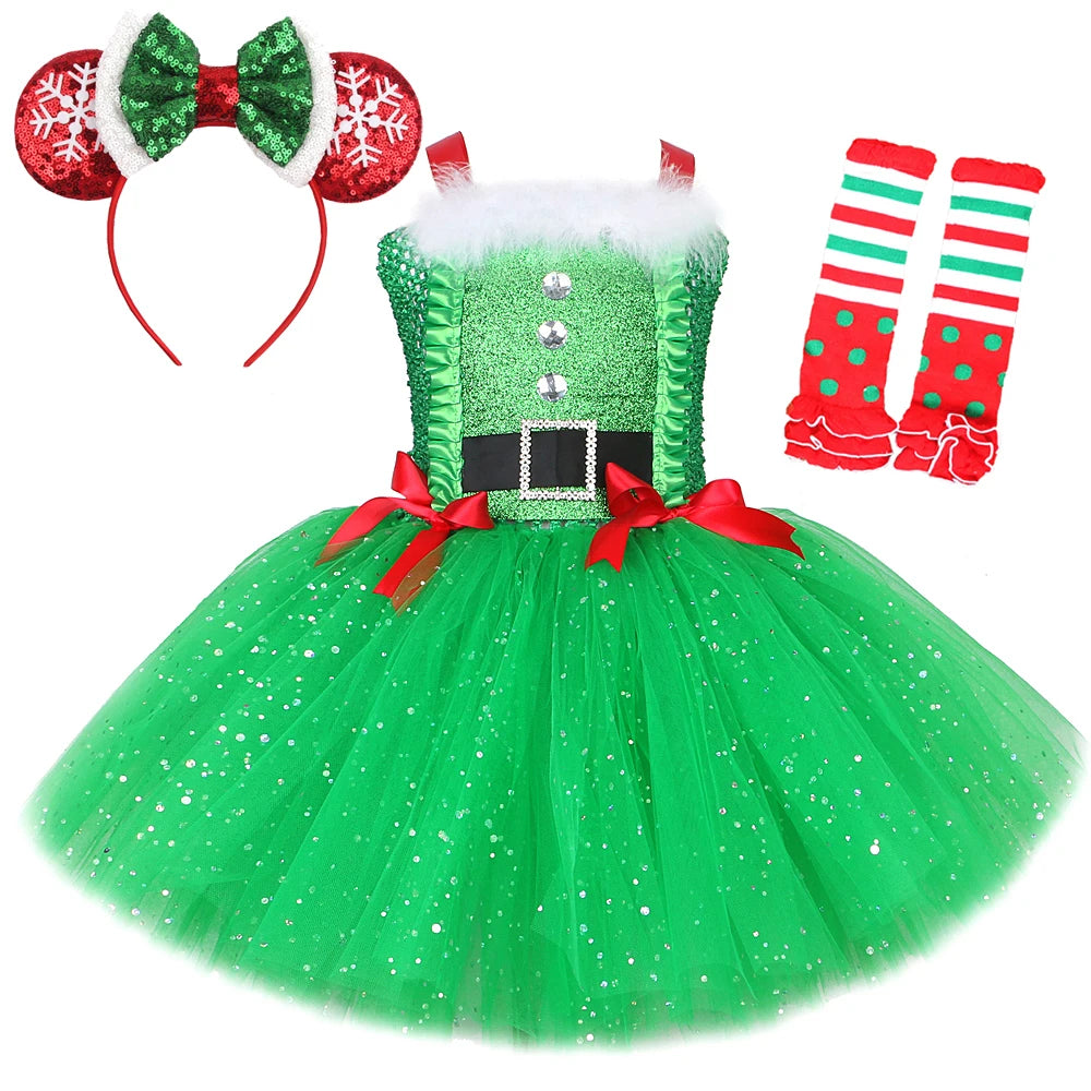 Sparkly Christmas Elf Tutu Dress for Girls Santa Claus Costume