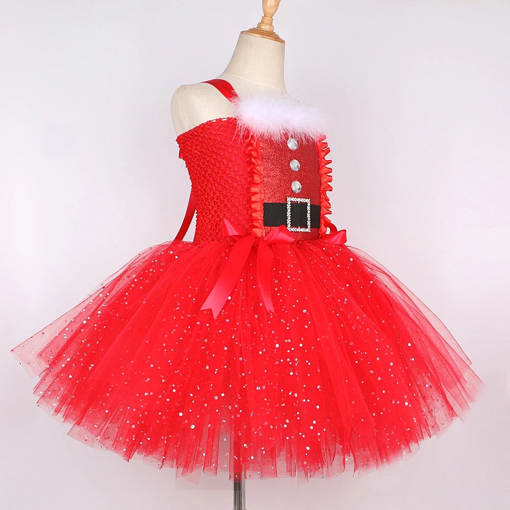 Sparkly Christmas Elf Tutu Dress for Girls Santa Claus Costume