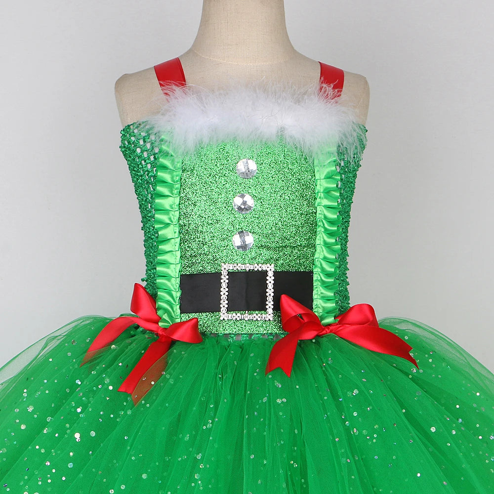 Sparkly Christmas Elf Tutu Dress for Girls Santa Claus Costume