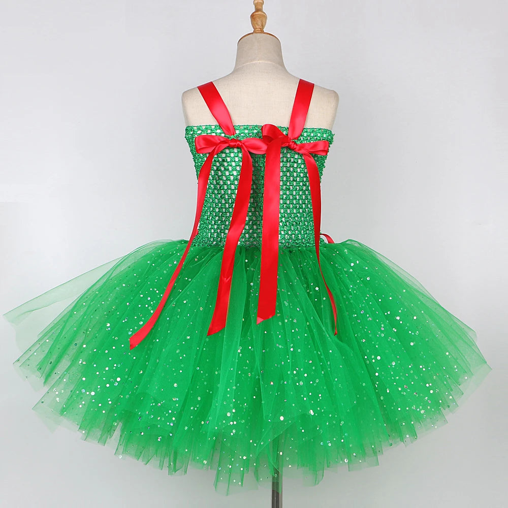 Sparkly Christmas Elf Tutu Dress for Girls Santa Claus Costume