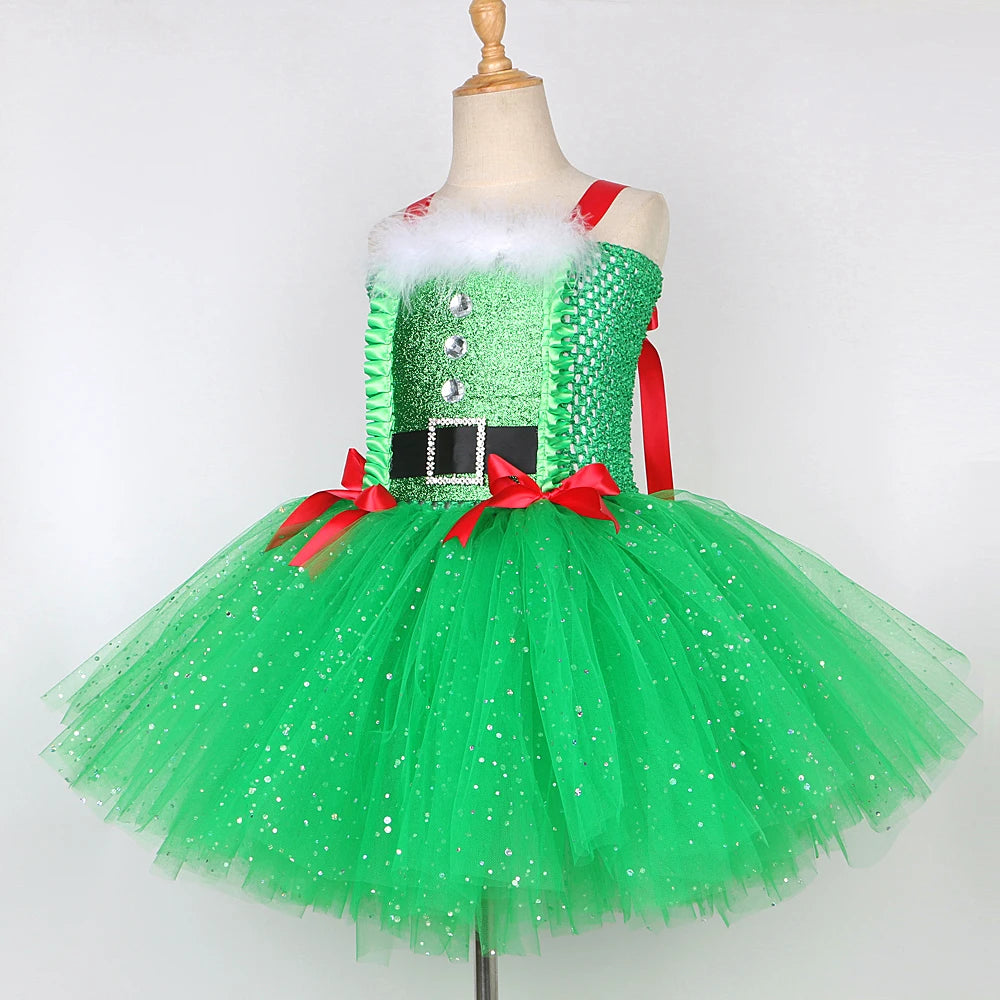 Sparkly Christmas Elf Tutu Dress for Girls Santa Claus Costume