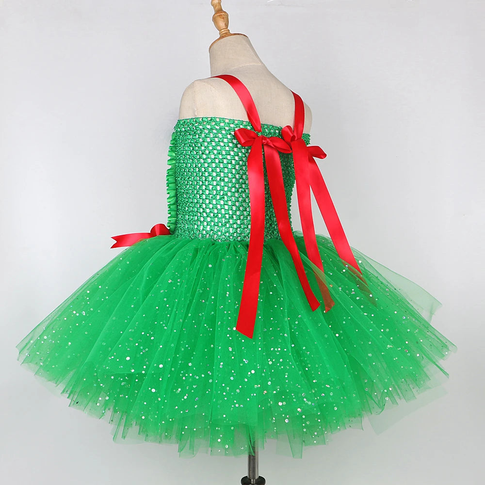 Sparkly Christmas Elf Tutu Dress for Girls Santa Claus Costume