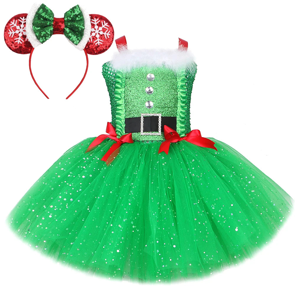 Sparkly Christmas Elf Tutu Dress for Girls Santa Claus Costume