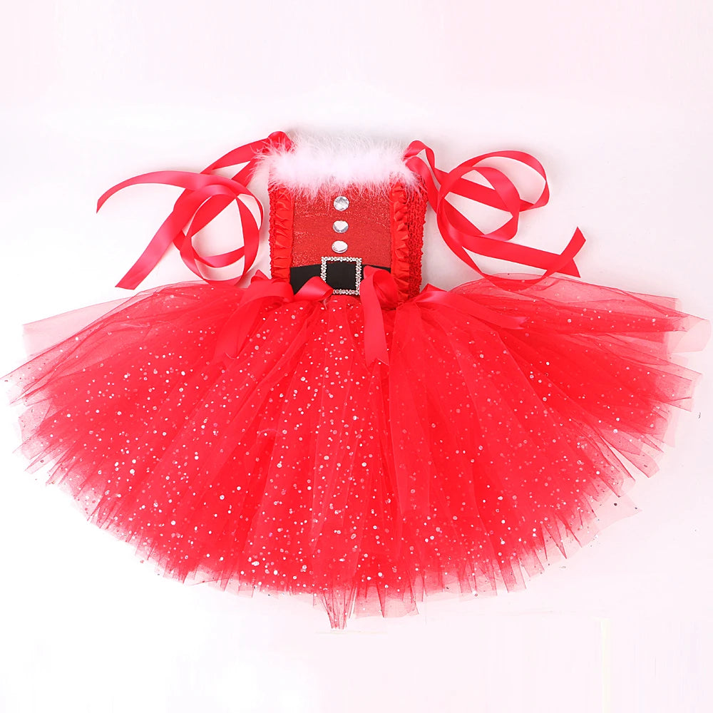 Sparkly Christmas Elf Tutu Dress for Girls Santa Claus Costume