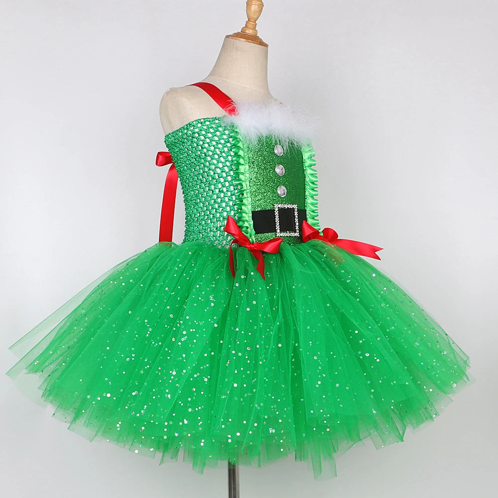 Sparkly Christmas Elf Tutu Dress for Girls Santa Claus Costume