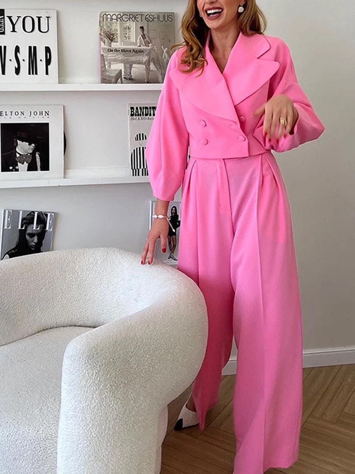 Women Woolen Coats Two Piece Suit 2022 Autumn Winter Lantern Long Sleeve Coat Female Set Wide Leg Pants Elegant Office Lady Sets