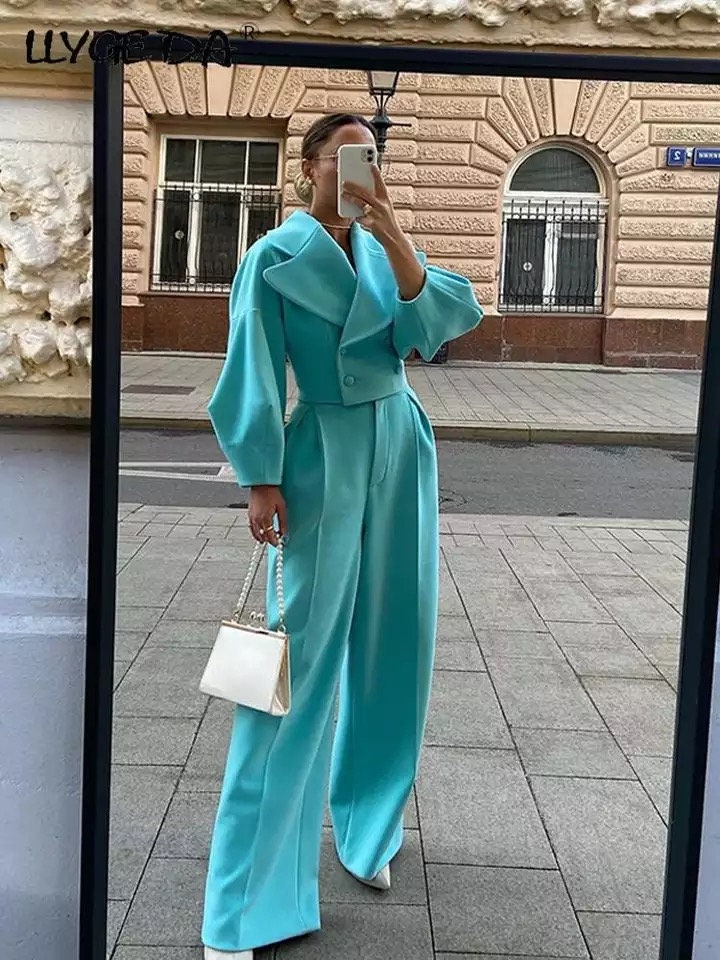 Women Woolen Coats Two Piece Suit 2022 Autumn Winter Lantern Long Sleeve Coat Female Set Wide Leg Pants Elegant Office Lady Sets