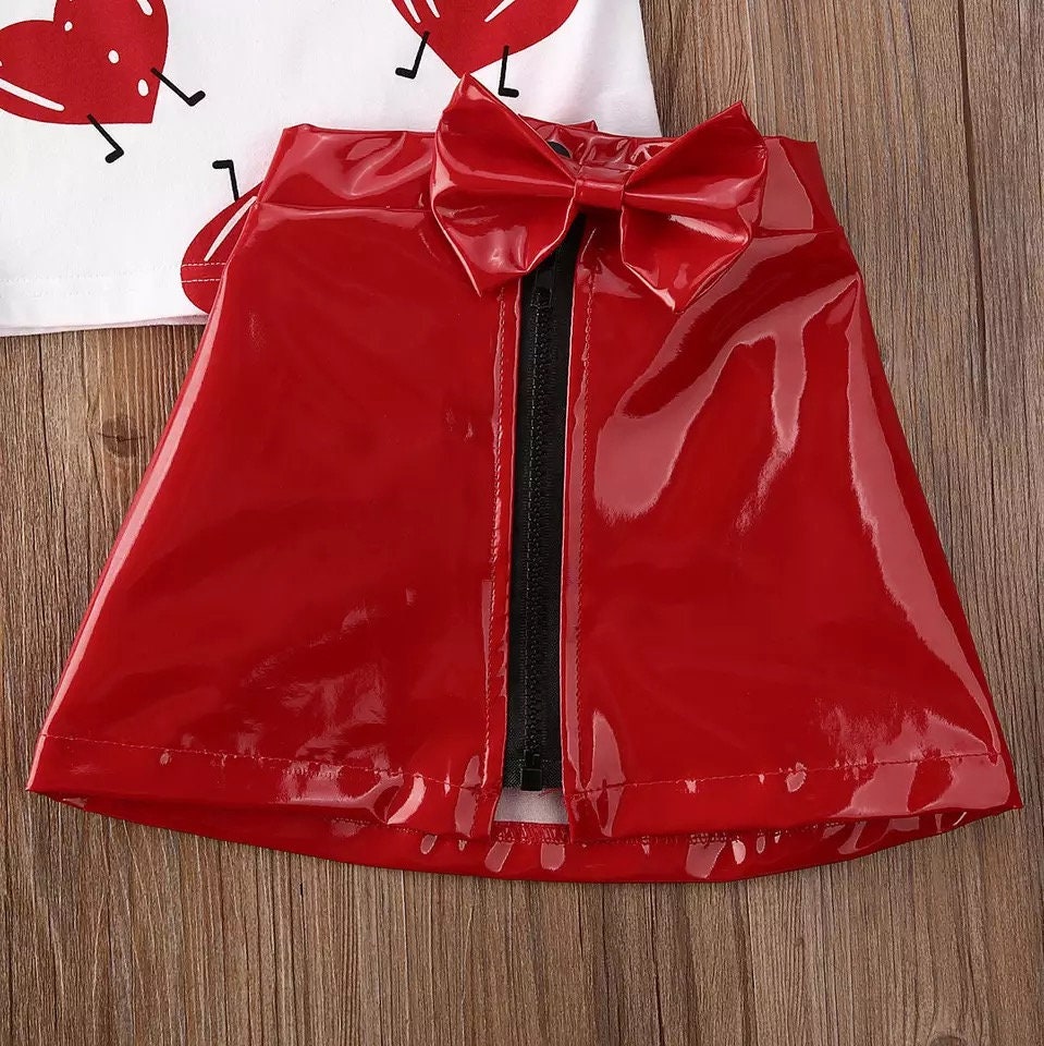 Toddler Kid Baby Girl Valentine's Day Clothes Love Top T-shirt Leather Skirt Red Outfit Sweet Set Clothing