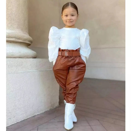 Elegant Fashion Kids Girls Clothes Set Puff Sleeve Ribbed Blouse T Shirt Tops PU Leather Long Pants With Belt 2PCS Girls Suit